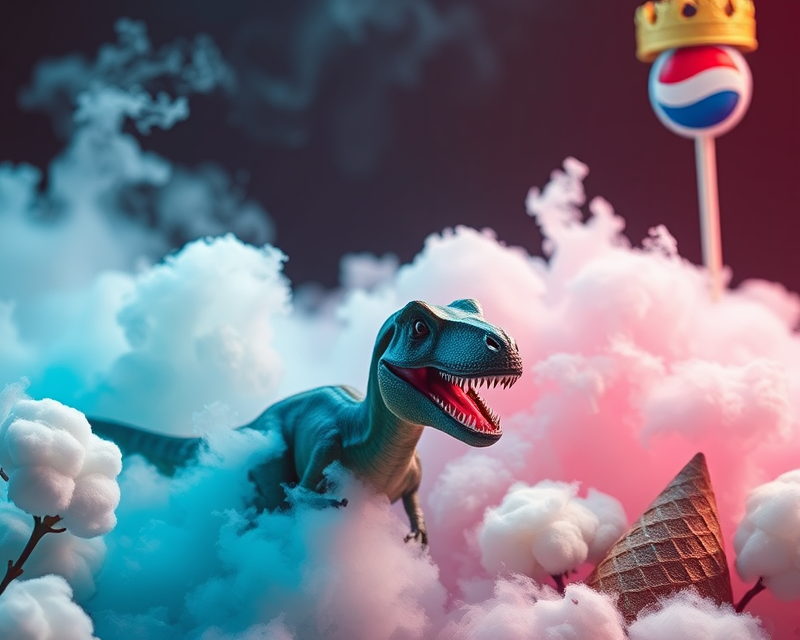 cotton candy, crown, dinosaur, cone, pepsi